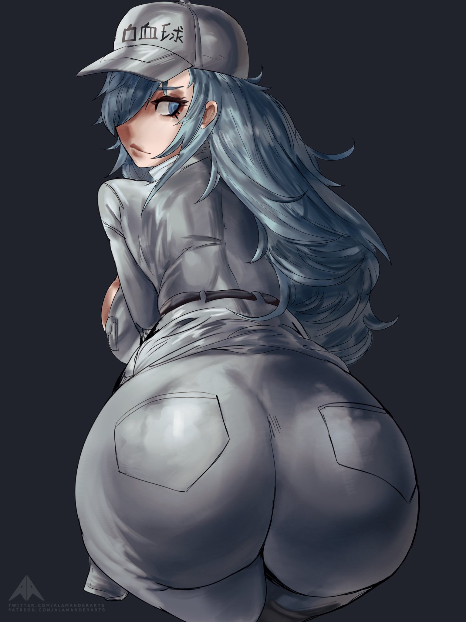 1girls, 2022, alamanderarts, ass, ass focus, big ass, big breasts, big butt, blue eyes, breasts, female, hat, hataraku saibou, hataraku saibou black, huge ass, light blue hair, long hair, looking back, standing, thick thighs, tight clothing, u-1196, white blood cell (hataraku saibou)