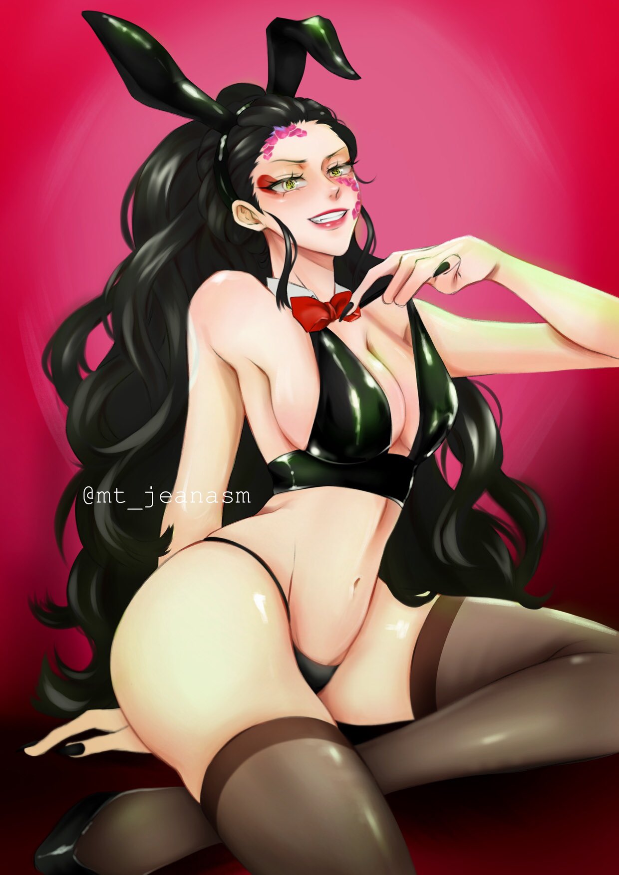 alternate costume, big breasts, black hair, black nails, black panties, black thong, bowtie, breasts, bunny ears, bunny girl, cleavage, daki (kimetsu no yaiba), demon, demon girl, demon slayer, eyeshadow, facial markings, female, female only, kimetsu no yaiba, latex, long hair, looking at viewer, mt jeanasm, nail polish, panties, red background, red lipstick, sharp fingernails, sheer legwear, sideboob, sitting, smile, solo, thighhighs, thong, wavy hair