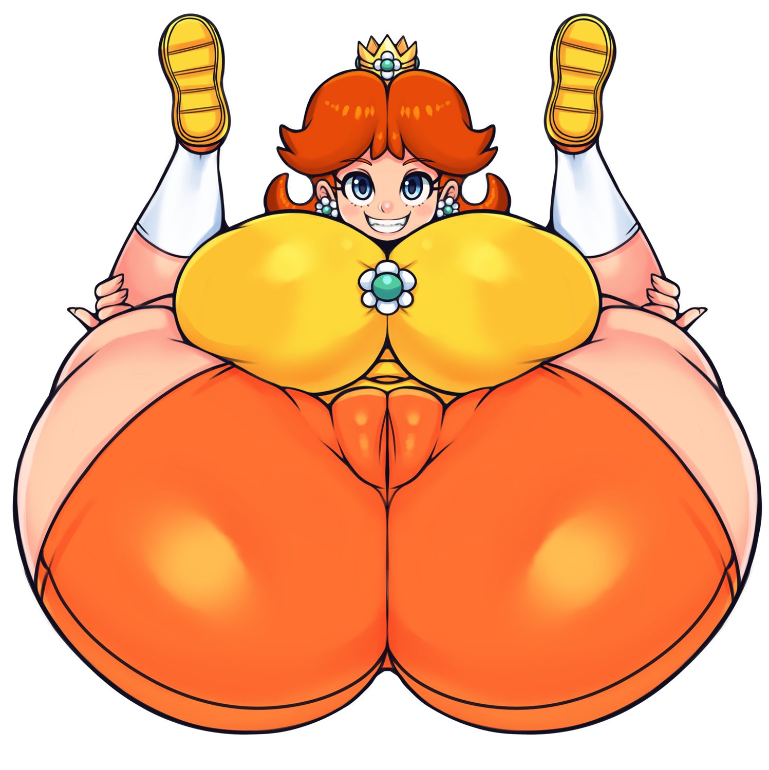 1girls, alternate breast size, bike shorts, breasts, brown hair, cameltoe, female, grin, large breasts, legs up, mario (series), mario tennis, matospectoru, nintendo, on back, presenting hindquarters, princess daisy, pussy, solo, white background