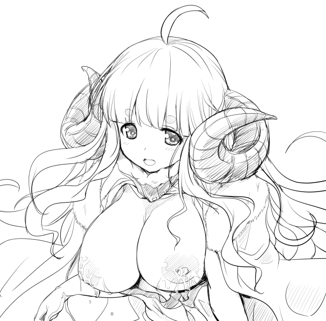 anila_(granblue_fantasy) curled_horns female granblue_fantasy hirowa_nagi horns lactation large_breasts monochrome solo transparent_background