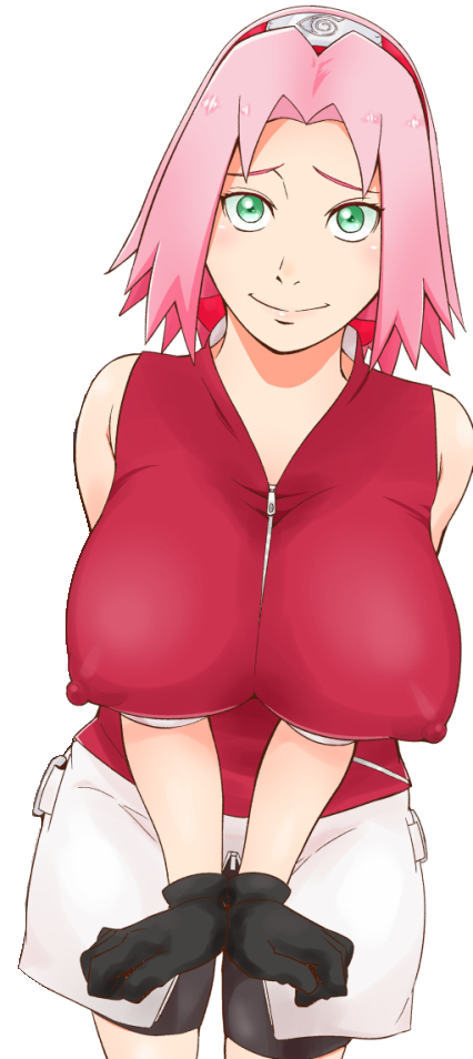 1girls, 2022, background, bare shoulders, big breasts, blush, blushing, blushing female, breasts, clothed, clothed female, clothing, eyebrows, eyelashes, female, female focus, female only, front view, fully clothed, fully clothed female, gloves, green eyes, hair, headband, light skin, light-skinned female, looking, looking at viewer, medium hair, naruto, naruto (series), nipples, nipples visible through clothing, pink hair, sakura haruno, simple background, sleeveless, sleeveless shirt, smile, smiling, smiling at viewer, standing, standing position, sunahara wataru, tagme, top heavy, top heavy breasts, voluptuous, voluptuous female, white background