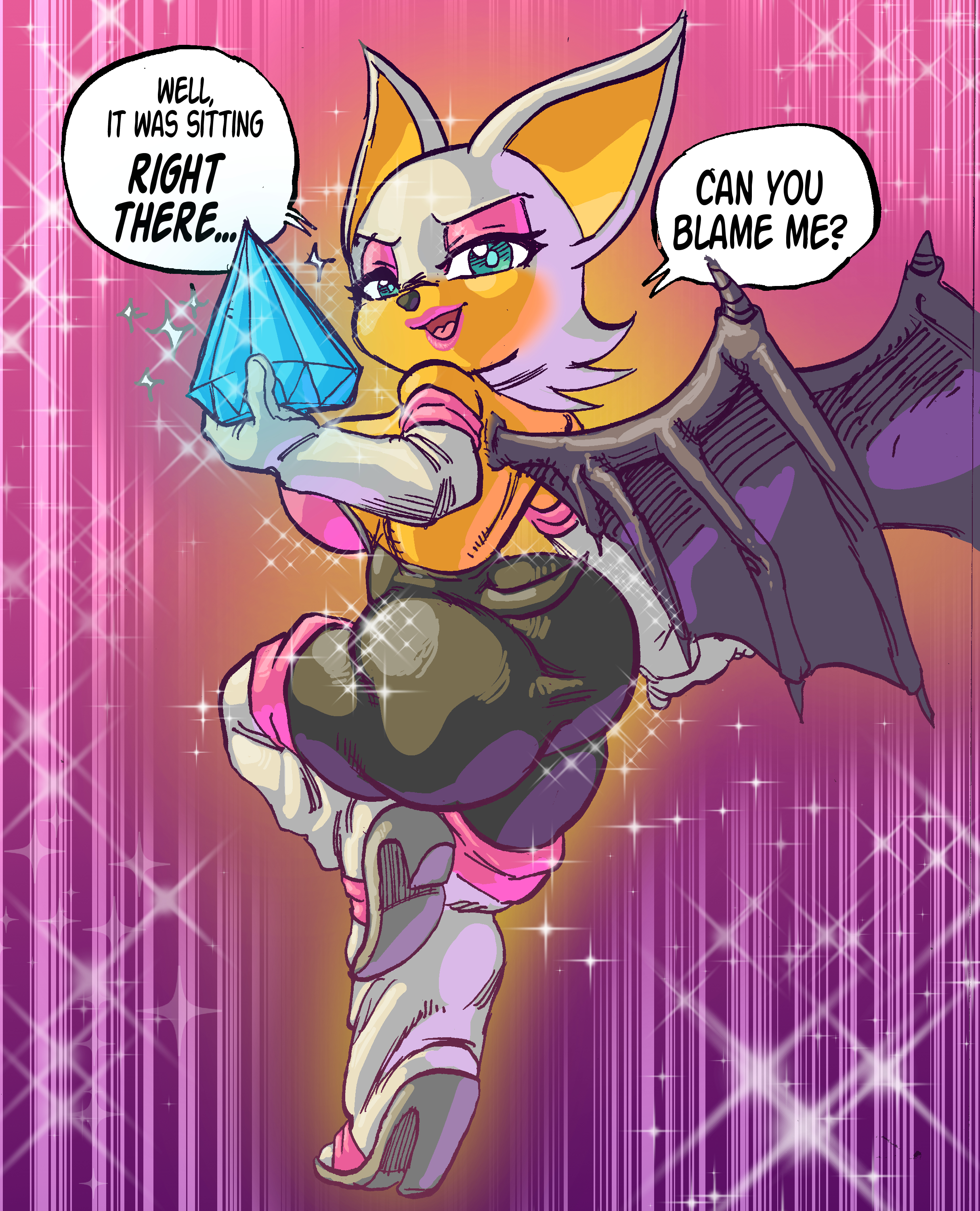 1girls, ass, bat wings, big ass, chaos emerald, female, from behind, goudadunn, hi res, huge ass, looking at viewer, looking back, rouge the bat, shortstack, solo, sonic (series), talking to viewer, text