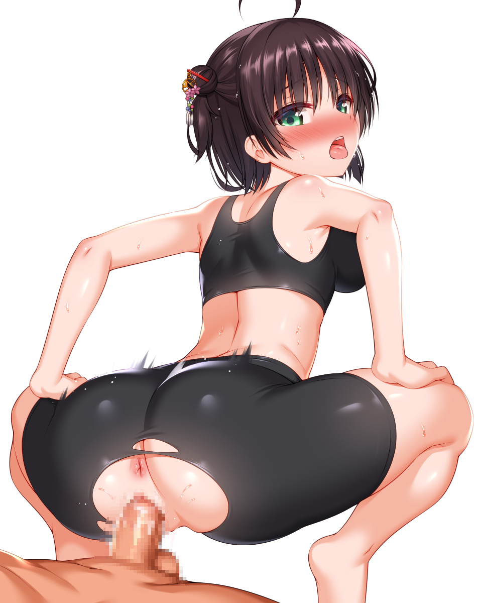 1boy 1girls ahoge anus ass bike_shorts black_hair black_shorts blush breasts clothed_female_nude_male crop_top from_behind green_eyes hair_bun highres hitachi_mako looking_back midriff penis ponytail pussy reverse_cowgirl_position senren_banka sex shorts sideboob simple_background tank_top torn_clothes vaginal_penetration white_background zirba