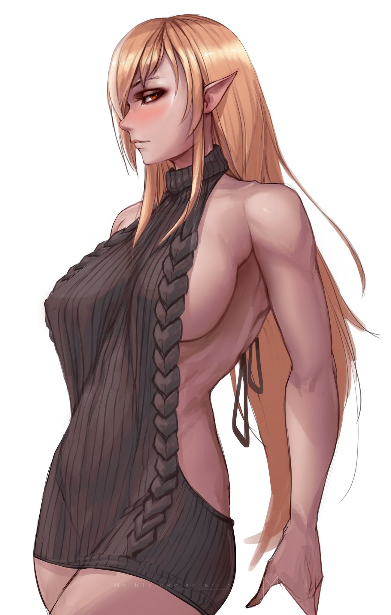 blonde hair, breasts, dark skin, dark-skinned female, elf, elf ears, female, hololive, hololive fantasy, hololive japan, myth1c, pointy ears, red eyes, shiranui flare, sweater, thick thighs, virgin killer sweater, virtual youtuber