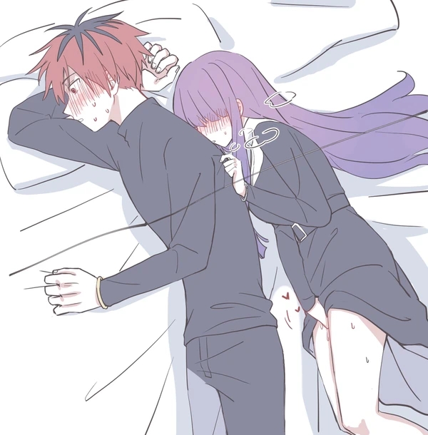 bed, blush, closed eyes, clothed female, clothed male, clothed male clothed female, clothing, color, female, female masturbation, fern (sousou no frieren), fingering, fully clothed, hair over eyes, long hair, lying on bed, male, masturbation, nipple play, ooooo 5o, open mouth, panting, pillow, purple hair, pussy, pussy juice, red eyes, red hair, sole female, sole male, sousou no frieren, stark (sousou no frieren), surprised, sweat, wizard