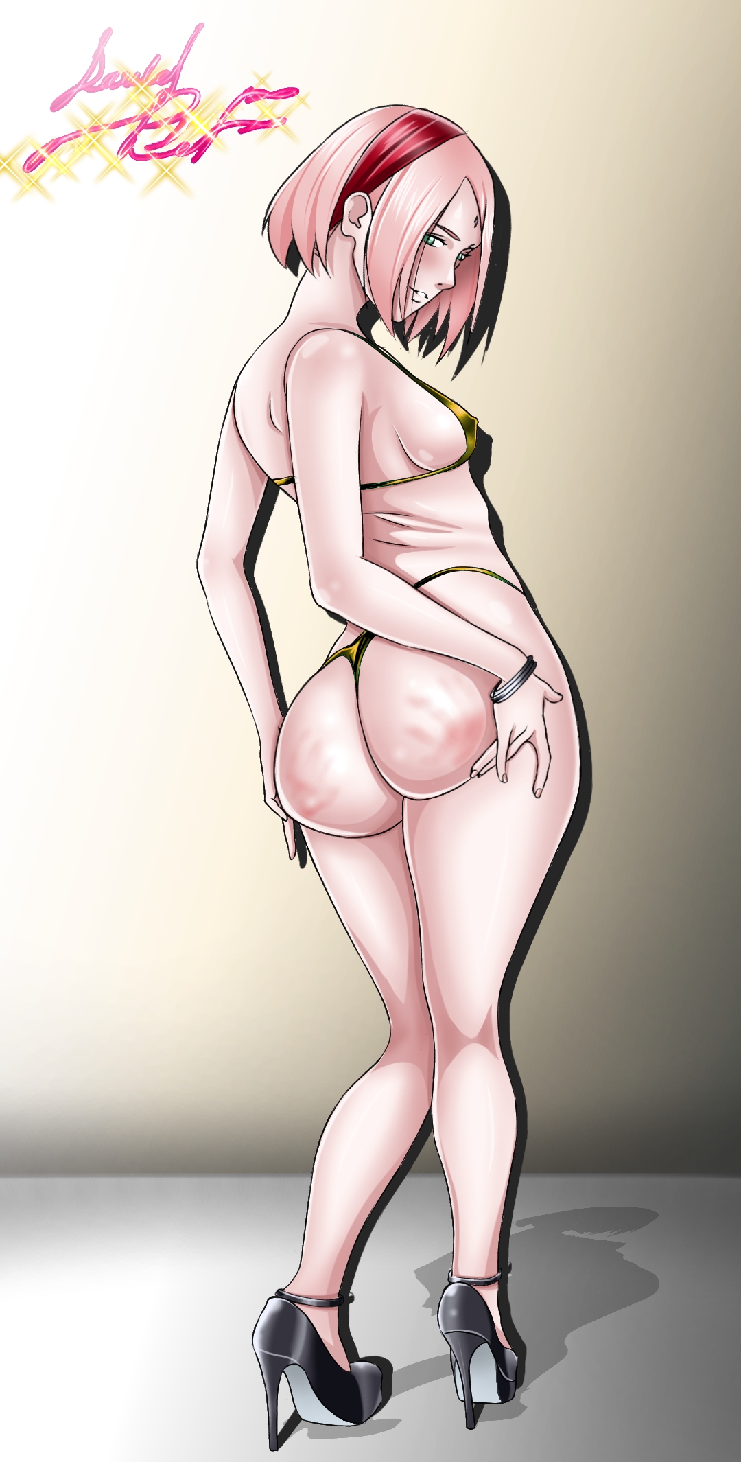 1girls, ass, big ass, big butt, bikini, bob cut, boruto: naruto next generations, bracelet, breasts, bubble ass, bubble butt, danieledevane, female, female only, full body, green eyes, hairband, hand mark, heels, high heels, huge ass, huge butt, light skin, light-skinned female, looking at viewer, looking back, mature, mature female, micro bikini, milf, naruto, naruto (series), nipples, pink hair, pinup, presenting, presenting ass, presenting hindquarters, round ass, sakura haruno, shiny, shiny hair, shiny skin, sideboob, skindentation, small bikini, small breasts, solo, solo focus, spank marks, spanked, spanked butt, thong bikini