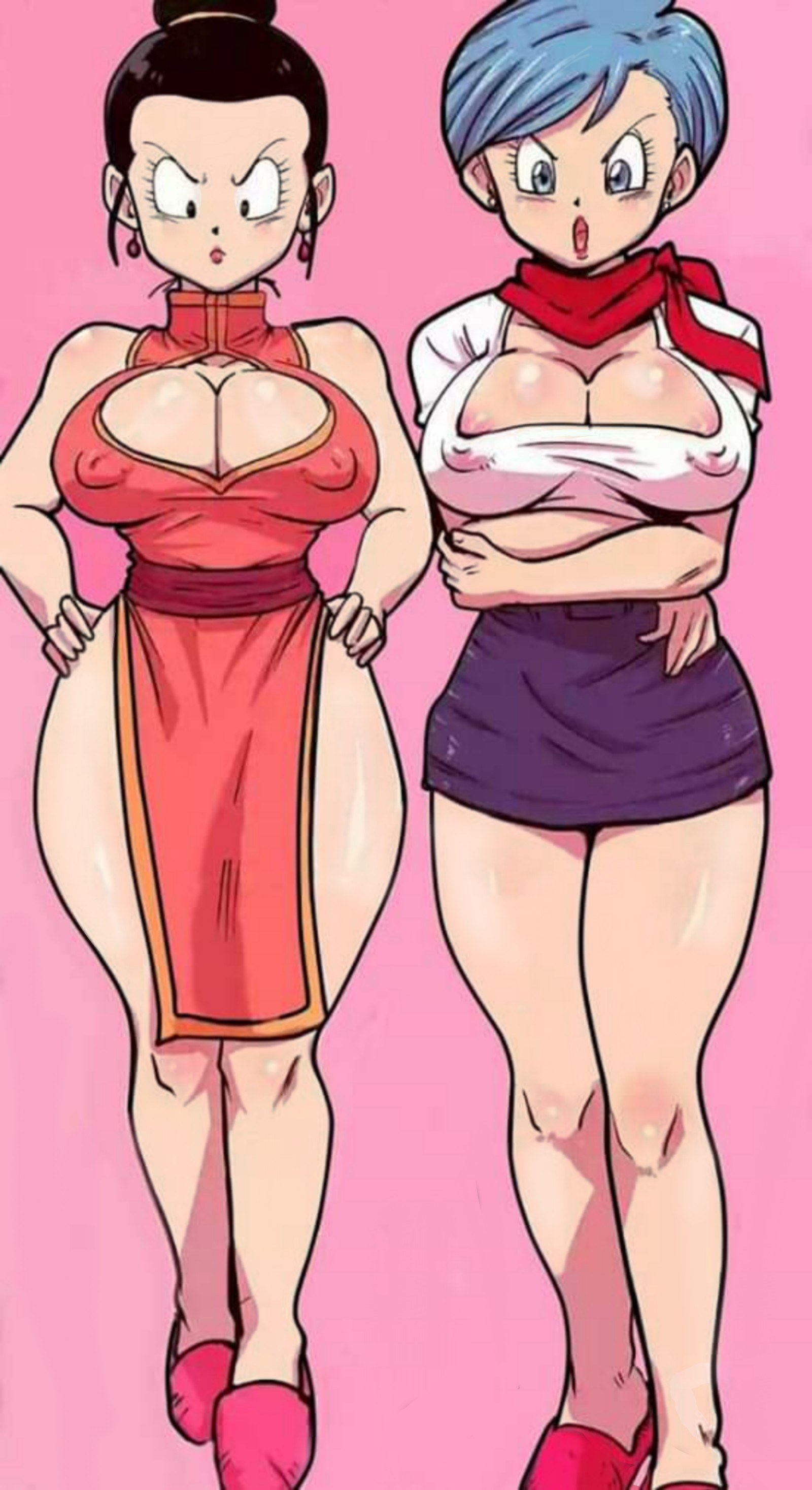 2girls, breasts, bulma briefs, chichi, clothed, dragon ball, dragon ball super, dragon ball z, female, female only, gilf, gmilf, huge breasts, milf, nipples visible through clothing, rickert kai, shounen jump
