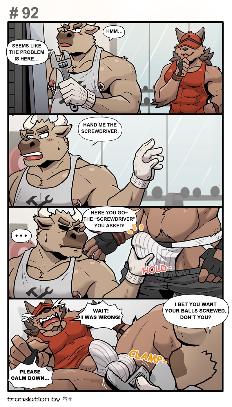 anthro boss_(gym_pals) bovid bovine bulge canid canine canis cattle clothed clothing cock_and_ball_torture comic duo erection erection_under_clothing genital_torture gym_pals h155296 hand_on_crotch hat headgear headwear hi_res jockstrap male male/male mammal manager_(gym_pals) nipple_piercing nipples piercing shirt tank_top tools topwear underwear wolf wrench