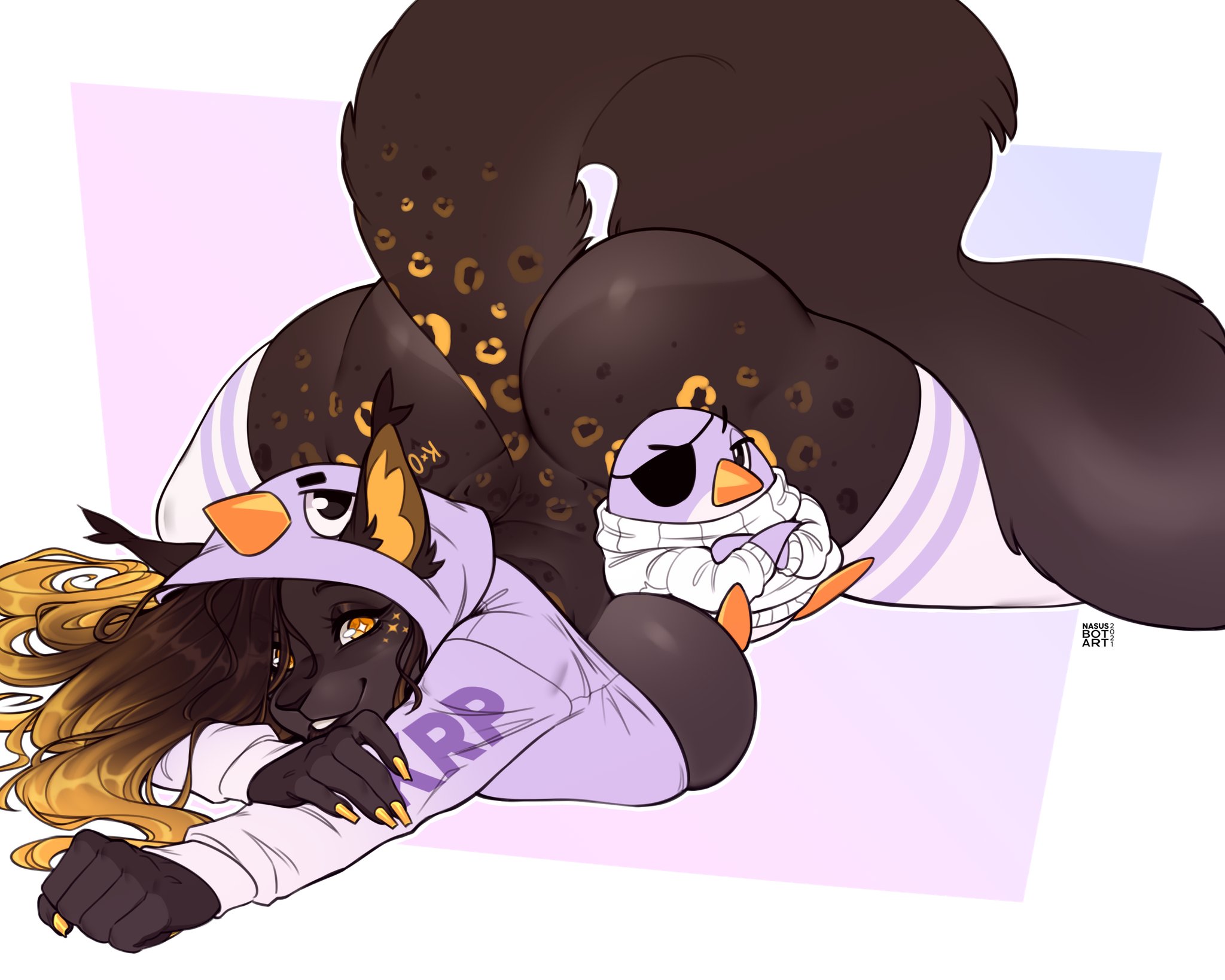 1girls, animal ears, anthro, ass, black fur, black hair, breasts, female, female only, fur, furry, furry only, furry tail, hi res, hoodie, legwear, long hair, looking at viewer, lying, lying on stomach, nasusbot, orange eyes, orange highlights, orie (kuriepenguin), piropii, smiling, smiling at viewer, solo, solo female, sparkling eyes, tail, thick thighs, underboob