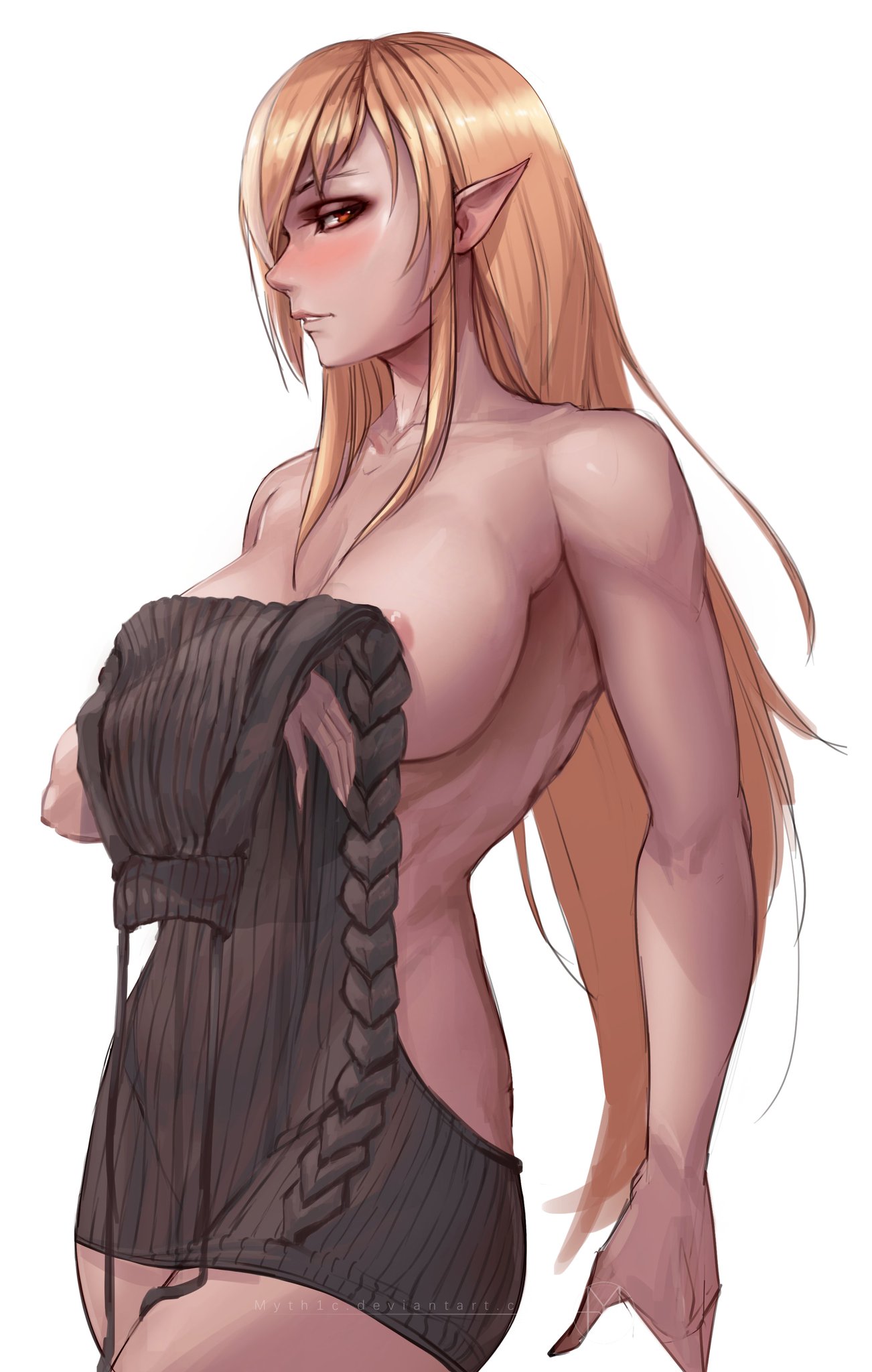 blonde hair, breasts, dark skin, dark-skinned female, elf, elf ears, female, hololive, hololive fantasy, hololive japan, myth1c, nipple slip, nipples, pointy ears, red eyes, shiranui flare, sweater, thick thighs, virgin killer sweater, virtual youtuber