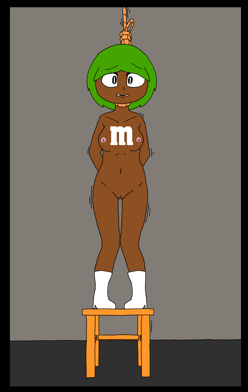 1girls belly_button black_body boots boots_only brown_skin comic dark-skinned_female dark_skin e254e edit eyebrows_visible_through_hair female female_only female_solo gore green_hair guro humanized imminent_death imminent_guro imminent_hanging interspecies m&m's ms._green naked naked_boots naked_female naked_shoes nipples noose nude_female only_female pink_nipples pussy scared scared_expression shaking shoes shoes_only short_hair snuff solo_female stool straight_hair trembling white_boots white_shoes