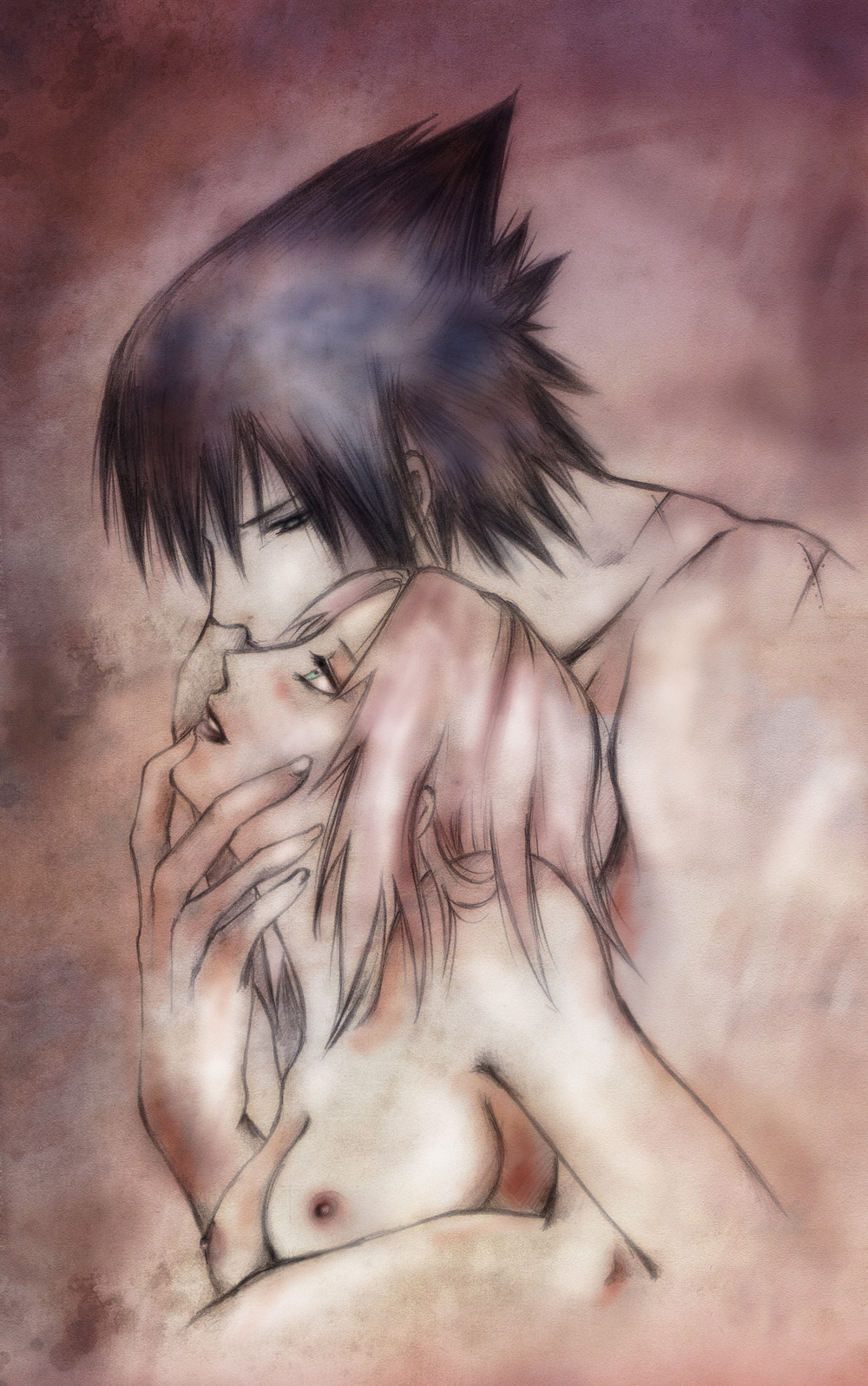 1boy 1girls behind breasts delia88 female highres hug hug_from_behind human light-skinned_female light-skinned_male light_skin male naruto nude sakura_haruno sasuke_uchiha straight