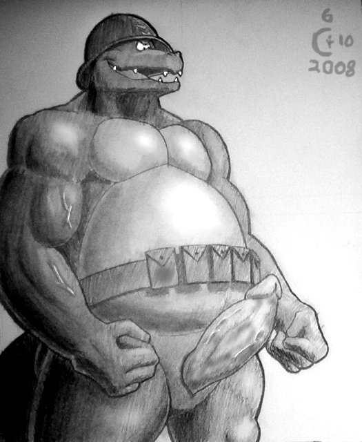 2008 4_fingers anthro belt big_belly big_muscles big_penis crocodile donkey_kong_(series) erection fist greyscale helmet klump kremling male male_only monochrome mostly_nude nintendo open_mouth overweight penis smile solo standing utility_belt