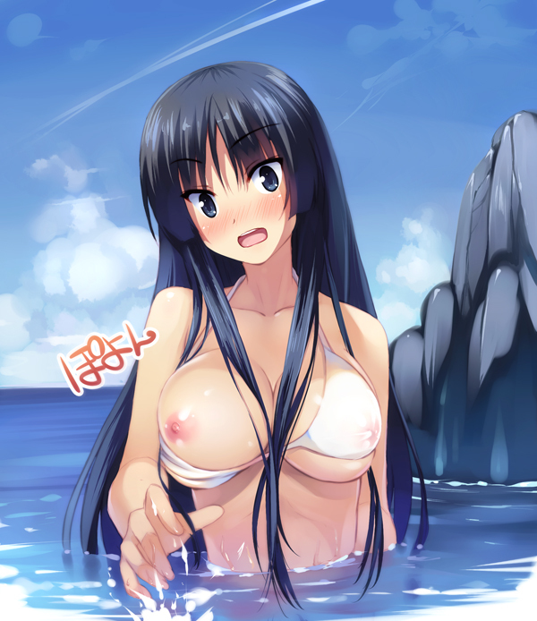 accidental_exposure bikini_malfunction bikini_top black_eyes black_hair blush breast_slip breasts female female_only hime_cut human human_only k-on! large_breasts long_hair mio_akiyama_(k-on!) nipple_slip nipples one_breast_out open_mouth senji_(tegone_spike) solo swimsuit underboob undersized_clothes wardrobe_malfunction water wet_skin