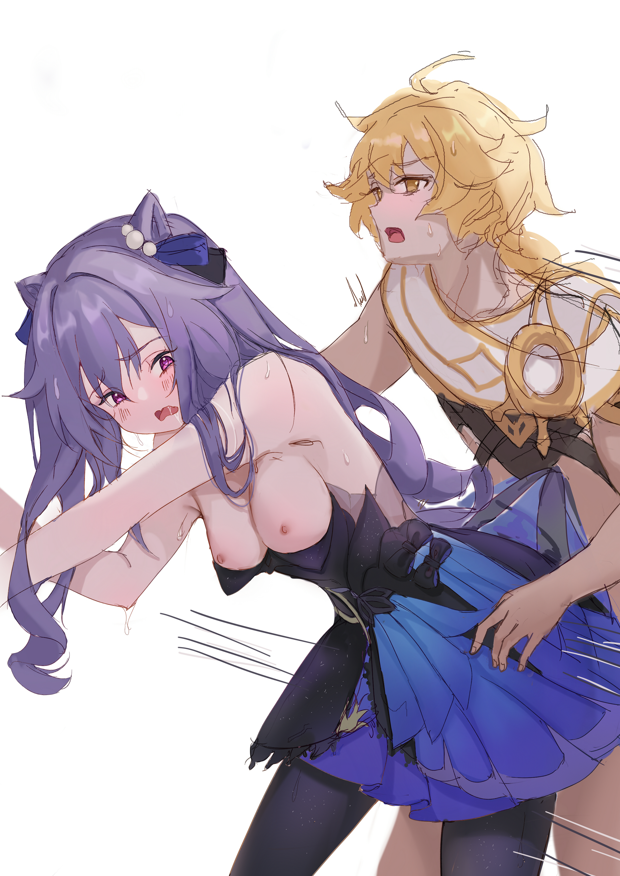1boy, 1girls, aether (genshin impact), blonde hair, blush, breasts, clothed sex, doggy style, dress, female, genshin impact, keqing (genshin impact), keqing (opulent splendor) (genshin impact), male, motion lines, nipples, purple hair, sex, small breasts, straight, sweat
