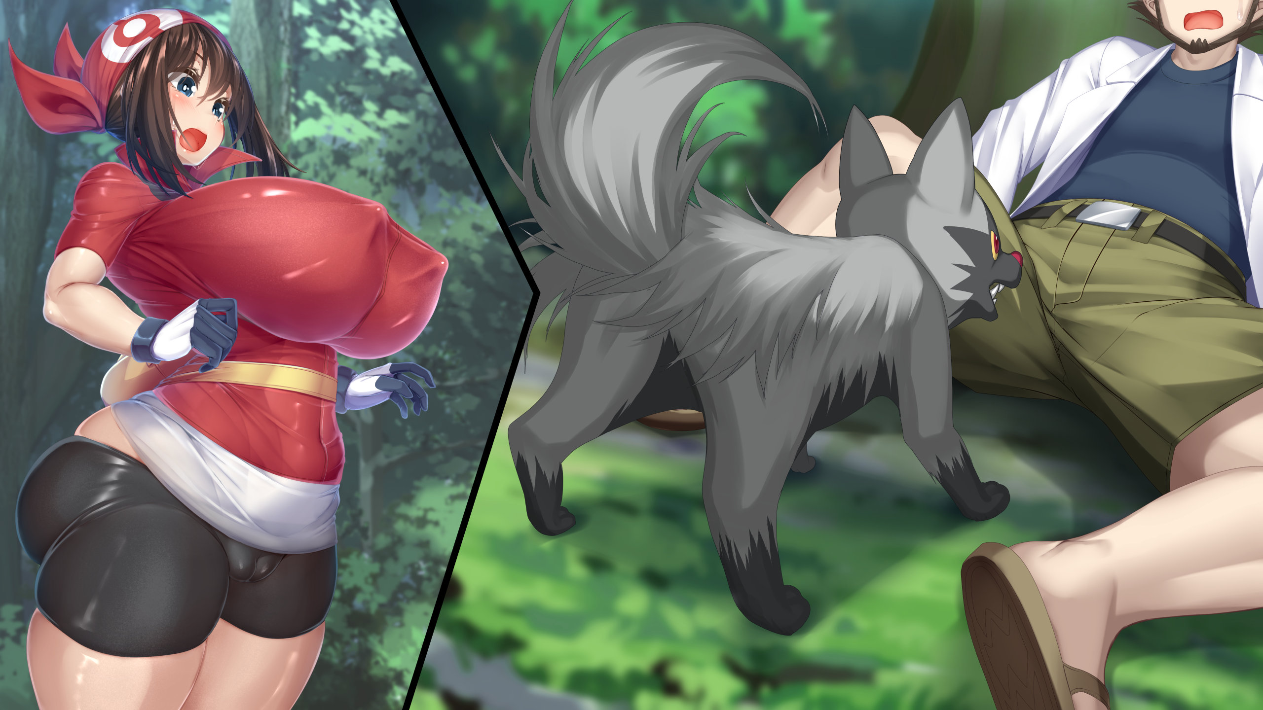 1girls, 2boys, alternate breast size, bandana, big breasts, bike shorts, birch (pokemon), blue eyes, blush, breasts, breasts bigger than head, brown hair, fat mons, female, feral, gloves, huge breasts, kawahagitei, lactating, lactation, lactation through clothes, large breasts, male, may (pokemon rs), may (pokemon), milk, nintendo, nipple bulge, pokemon, pokemon (species), pokemon rse, poochyena, shorts, spandex shorts, standing, thick thighs, thighs, tight clothing, upper body