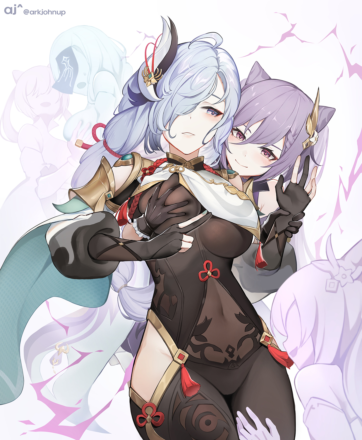 2girls, abs, ark john up, bangs, belly button, big breasts, blue eyes, blush, bodysuit, braid, braided hair, breast grab, breast squeeze, breast squish, breasts, cat ears, female, genshin impact, grabbing breasts, grabbing from behind, hair between eyes, hair ornament, hair over one eye, hips, huge breasts, keqing (genshin impact), large breasts, lesbian, long hair, looking at another, midriff, pigtails, purple eyes, purple hair, see-through, shenhe (genshin impact), slim waist, small waist, smile, squeezing breast, thick, thick thighs, thighs, tight clothing, twintails, waist, white hair, wide hips, yuri