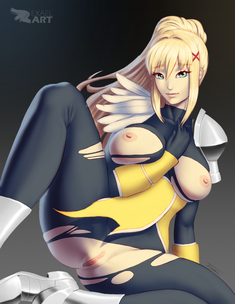 blonde_hair blue_eyes bodysuit boots breasts darkness_(konosuba) exael kono_subarashii_sekai_ni_shukufuku_wo! large_breasts long_hair looking_at_viewer nipples ponytail pussy tagme thighs torn_bodysuit torn_clothes