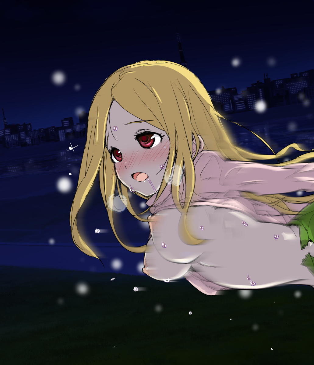 action_pose blonde_hair blush drool female female_focus hirowa_nagi idolmaster idolmaster_cinderella_girls implied_penetration implied_sex large_breasts mochizuki_hijiri night open_mouth red_eyes sweat