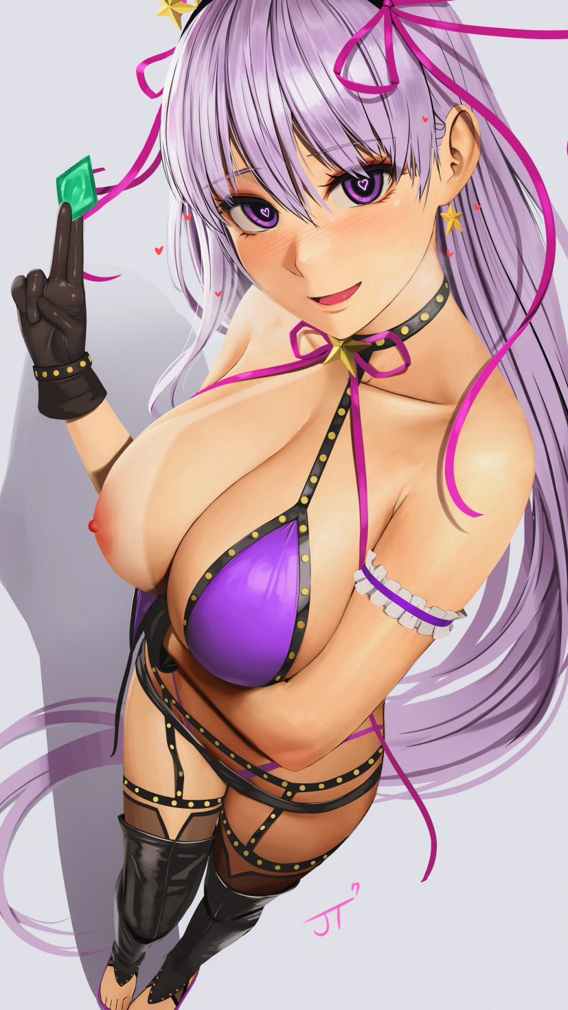 1girls, 2020s, 2022, alternate version available, areolae, artist signature, bb (fate), bb (swimsuit mooncancer), bikini, black shorts, booty shorts, breasts, brown skin, condom, erect nipples, fate (series), fate/grand order, female, female only, heart-shaped pupils, hips, holding object, huge breasts, large areolae, long hair, nipples, one breast out, purple bikini top, purple eyes, purple hair, rak (kuraga), short shorts, shorts, simple background, skindentation, slim waist, tan, tan-skinned female, tanline, tanlines, tanned skin, thick thighs, thigh strap, thighhighs, thighs, very long hair, wide hips