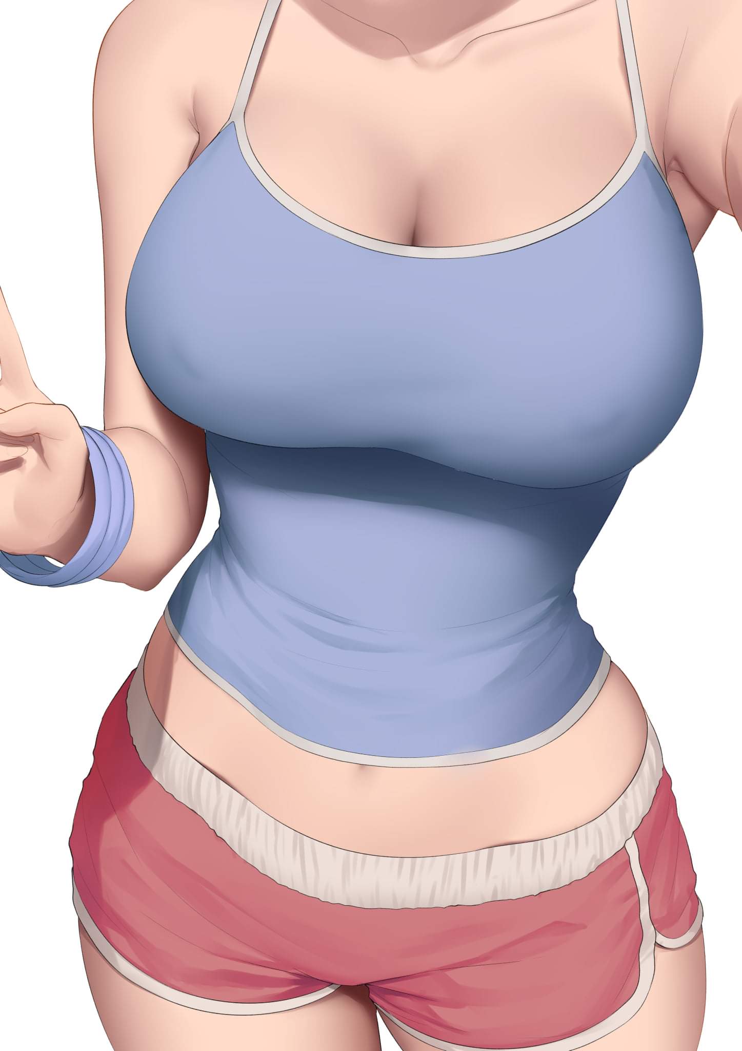 1girls, armpits, breasts, busty, cleavage, close-up, clothed, clothing, collarbone, curvy, female, female only, head out of frame, human, midriff, navel, original, selfie, short shorts, shorts, tank top