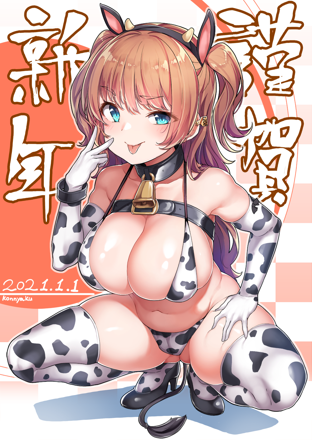 :p animal_ears animal_print ass_visible_through_thighs bangs bare_shoulders bell belt bikini blue_eyes blush breasts brown_hair cameltoe chinese_zodiac cleavage collar collarbone commentary_request cow_ears cow_girl cow_horns cow_print cow_tail cowbell curvy ear_tag earrings elbow_gloves eyebrows_visible_through_hair fake_animal_ears female female gloves hairband high_heels highres horns huge_breasts jewelry konnyaku_(kk-monmon) large_breasts long_hair looking_at_viewer micro_bikini navel original smile solo spread_legs squatting string_bikini swimsuit tail thighhighs tongue tongue_out two_side_up v year_of_the_ox