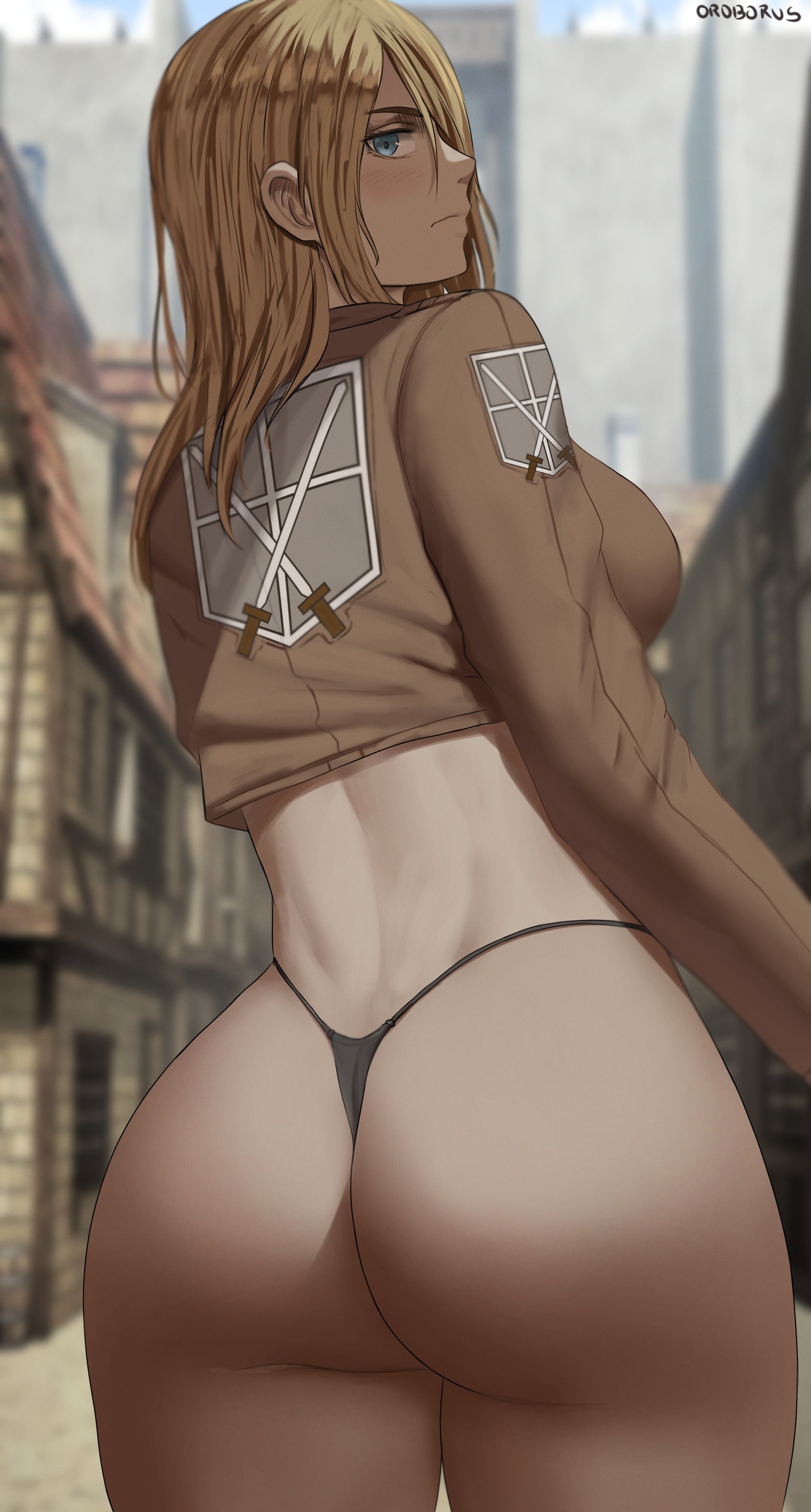 1girls, ass, attack on titan, back view, big ass, big butt, black thong, blonde hair, blue eyes, christa lenz, fat ass, female, female only, historia reiss, jacket, large ass, looking at viewer, looking back, no pants, oroborusart, petite, royalty, savagexthicc, shingeki no kyojin, solo, solo female, thick, thick ass, thong, voluptuous