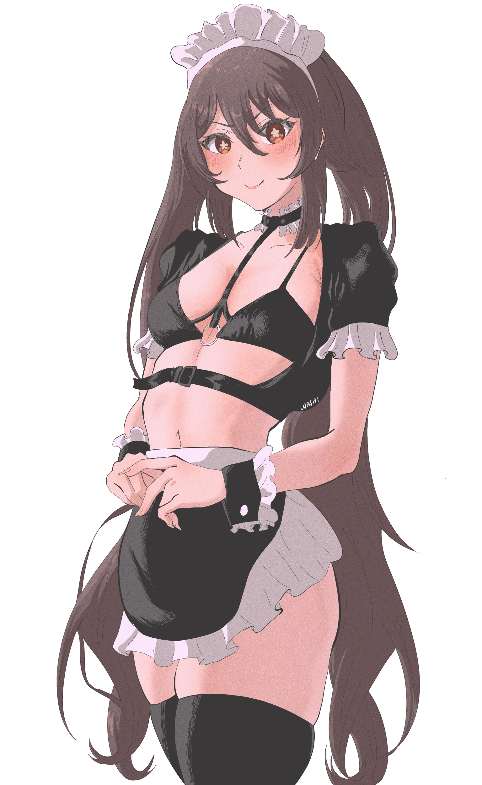 1girls, apron, bikini, blush, breasts, brown hair, female, genshin impact, hi res, hu tao (genshin impact), maid, maid headdress, puffy short sleeves, red eyes, short sleeves, smile, thick thighs, thighhighs, twintails