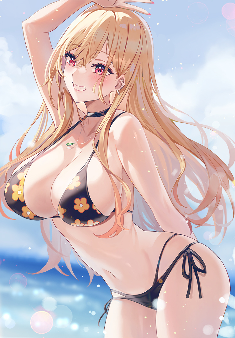 1girls, 2022, arm up, big breasts, bikini, black bikini, blonde hair, blue sky, breasts, choker, cleavage, doco (doco3811), female, female only, fit, fit female, flower pattern, gyaru, hips, hourglass figure, kitagawa marin, large breasts, light blush, light skin, light-skinned female, long hair, looking at viewer, navel, necklace, outdoors, red eyes, side-tie bikini, slim waist, smile, sono bisque doll wa koi wo suru, teenage female, teenager, thick thighs, thighs, variant set, wet, wet body, wide hips
