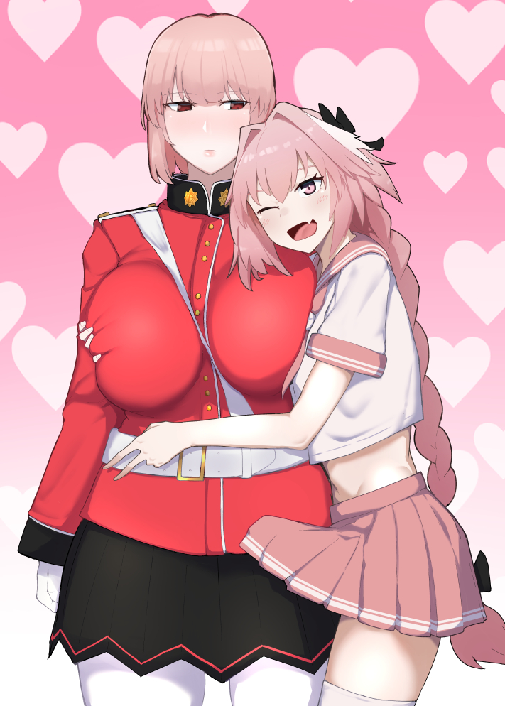 1boy 1girls 2022 astolfo_(fate) belt blush bow braid breast_grab breasts crossdressing erection erection_under_clothes erection_under_skirt expressionless eyebrows_visible_through_hair fangs fate/grand_order fate_(series) female femboy femboy_on_female florence_nightingale_(fate) fujou_joshi hair_ribbon happy heart heart_background highlights highres hug huge_breasts hung_trap long_hair long_ponytail looking_at_another male midriff military military_uniform one_eye_closed open_mouth pink_background pink_hair pleated_skirt ponytail red_eyes ribbon school_uniform serafuku single_braid skirt smaller_male smile straight thighhighs thighs tied_hair tongue trap uniform v very_long_hair white_highlights zettai_ryouiki