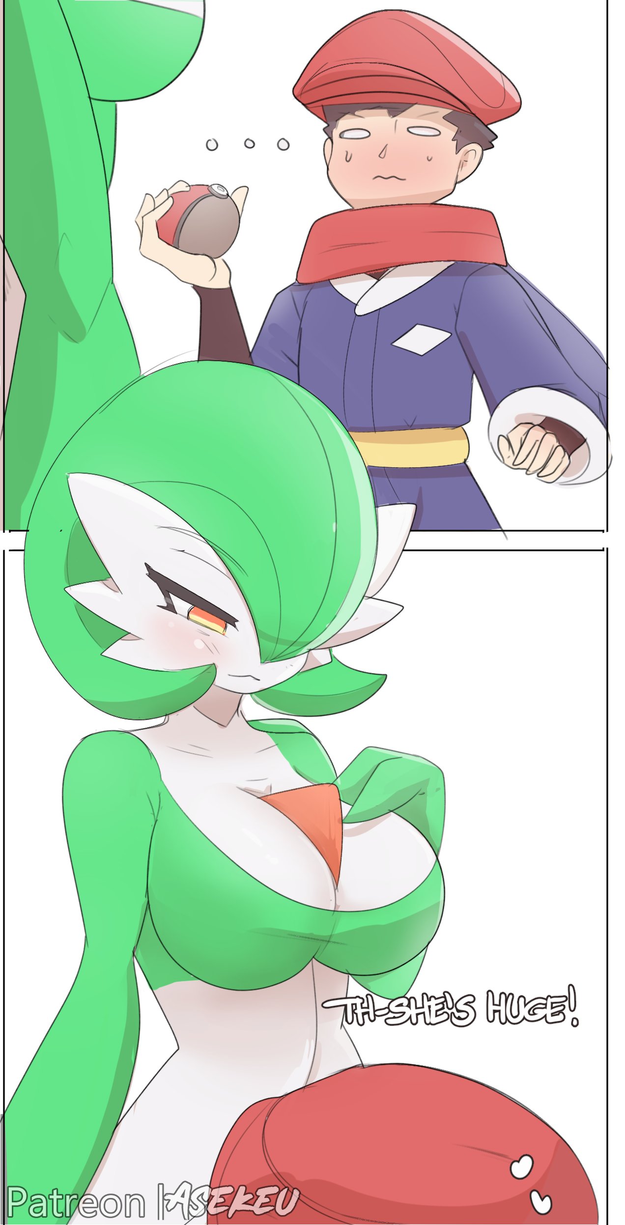 ..., 1boy, 1girls, alpha pokemon, anthro, asekeu, big breasts, blush, breasts, brown hair, female, gardevoir, hat, larger female, male, male human/female gardevoir, nintendo, pokémon (species), pokemon, pokemon (species), pokemon legends: arceus, pokemon rse, rei (pokemon), short hair, size difference, upper body, yellow eyes