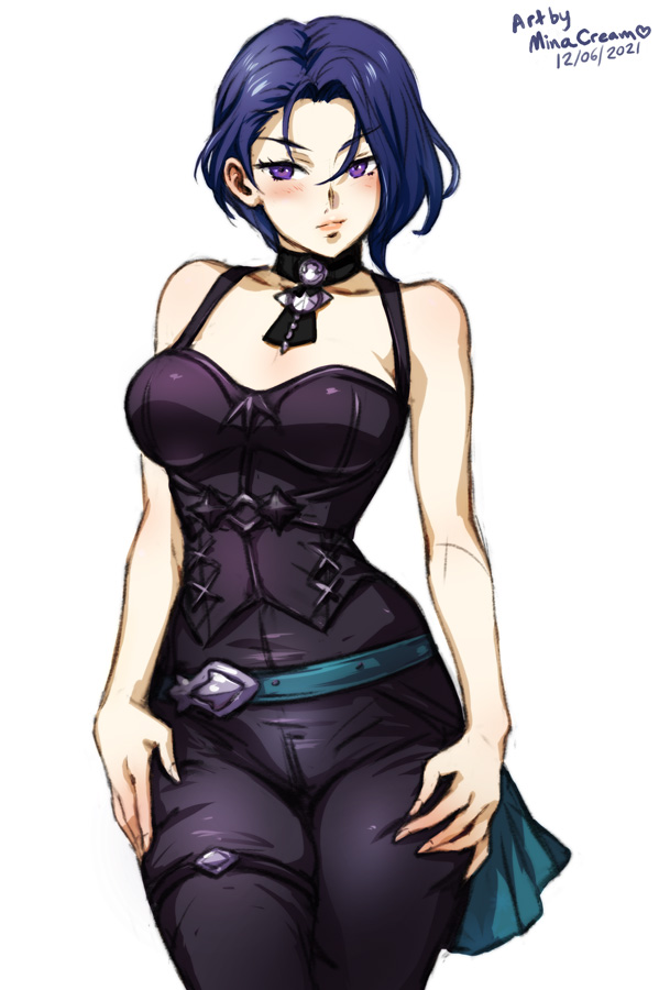 1girls, alternate version available, artist name, bangs, bare shoulders, belt, black pants, blue hair, bodice, breasts, choker, cleavage, clothed, clothing, collarbone, corset, dated, female, female only, fire emblem, fire emblem: three houses, hair behind ear, hair between eyes, hand on hip, hips, human, human only, humanoid, jacket, large breasts, looking at viewer, medium breasts, minacream, nintendo, open clothes, open jacket, pants, purple eyes, shamir nevrand, short hair, simple background, smile, solo, solo female, thick, thick thighs, thighs, thin waist, white background, wide hips