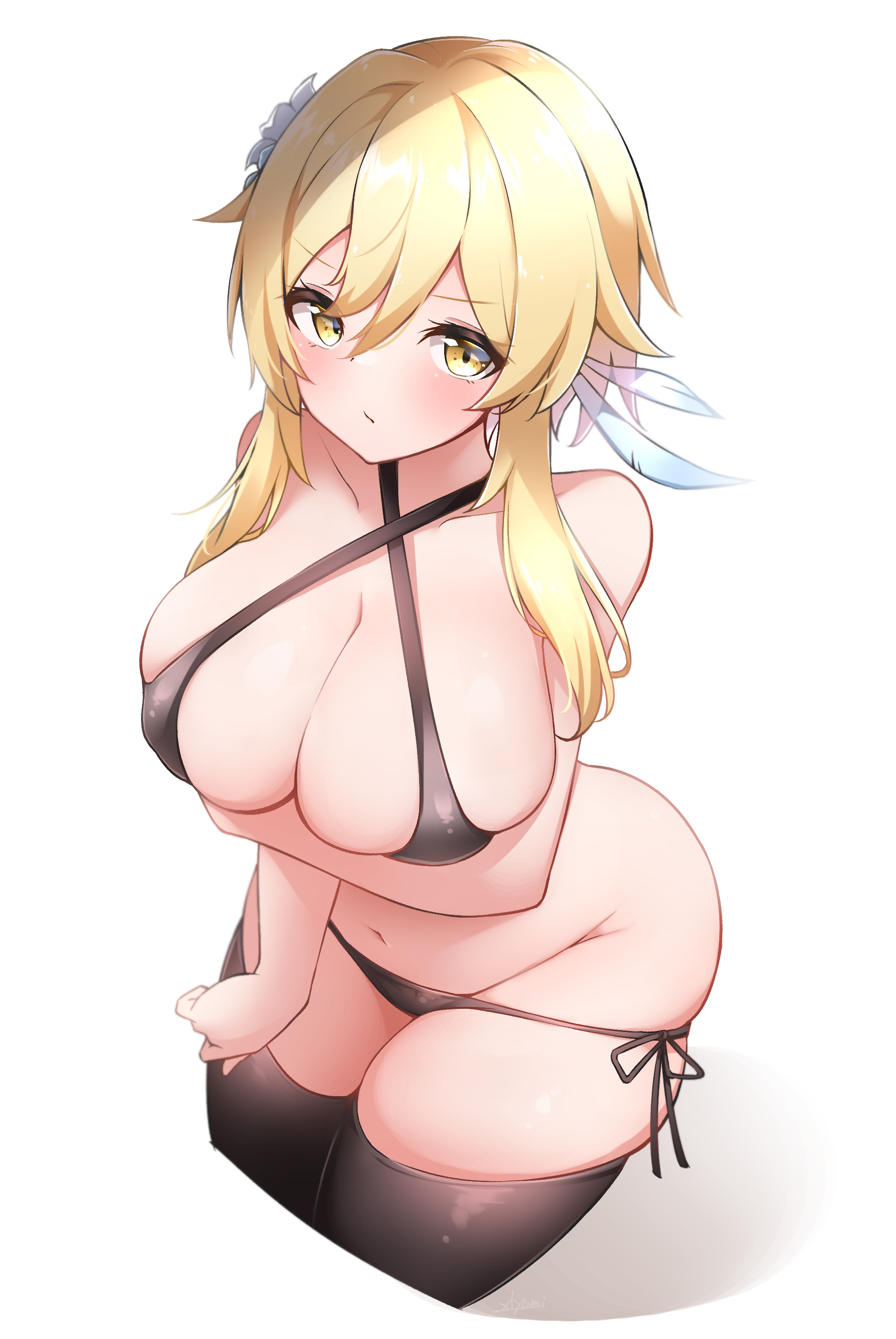 1girls, big breasts, bikini, bikini bottom, bikini top, black bikini, blonde, blonde hair, blush, breasts, cleavage, female, female only, genshin impact, hair ornament, lumine (genshin impact), revealing clothes, side-tie bikini, skimpy clothes, tagme, thick thighs, thighhighs, xlyami