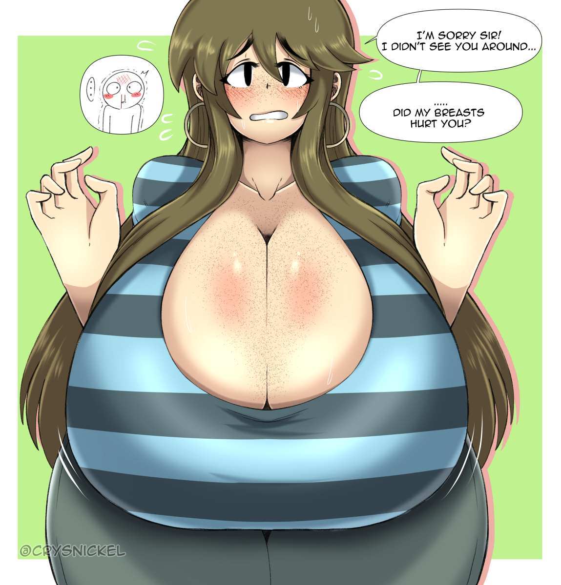1boy, 1girls, 2022, blush, breasts, brown hair, cleavage, cloe (crysnickel), crysnickel, earrings, english, english text, female, female focus, freckles, hoop earrings, huge breasts, long hair, male, nosebleed, simple background, speech bubble, text, watermark