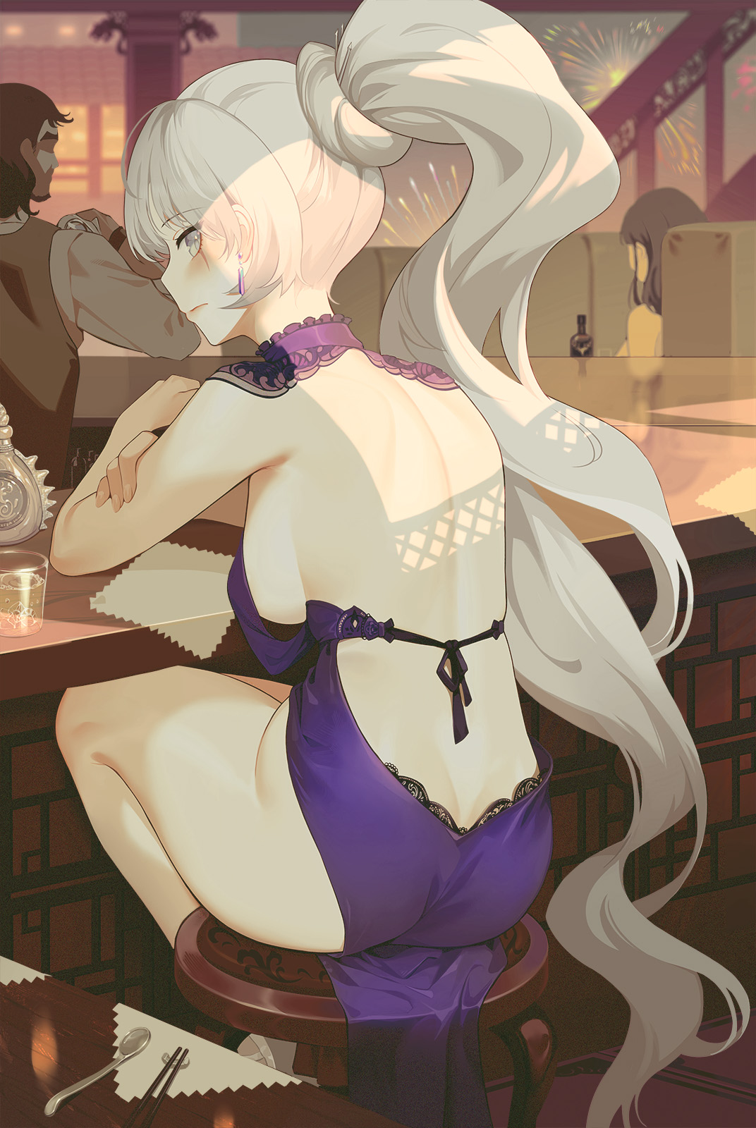 100wang, 2022, bar, bare back, blue dress, breasts, dress, drugged, drugs, female, forced, long hair, male, no bra, no panties, ponytail, rwby, seductive, seductive look, sideboob, sitting, tagme, weiss schnee, white hair