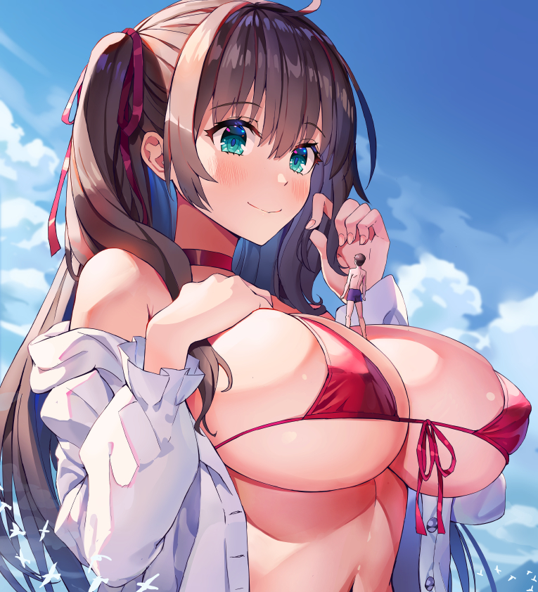 anime_style bikini breasts brown_hair cleavage clouds day giantess large_breasts macrophilia pixiv red_bikini tiny_human white_jacket