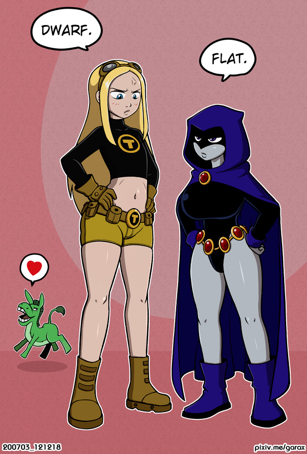 1boy 2girls angry beast_boy belt big_breasts blonde_hair blue_eyes blush breast_envy breasts cartoon_network dc dc_comics dialogue donkey english_text equine_penis eyewear female female_focus flat_chest footwear garabatoz handwear human insult light-skinned_female male multiple_girls navel pale_skin rachel_roth raven_(dc) rivalry shortstack size_difference small_breast_humiliation small_breasts teen_titans terra terra_(dc) text thick_thighs wide_hips