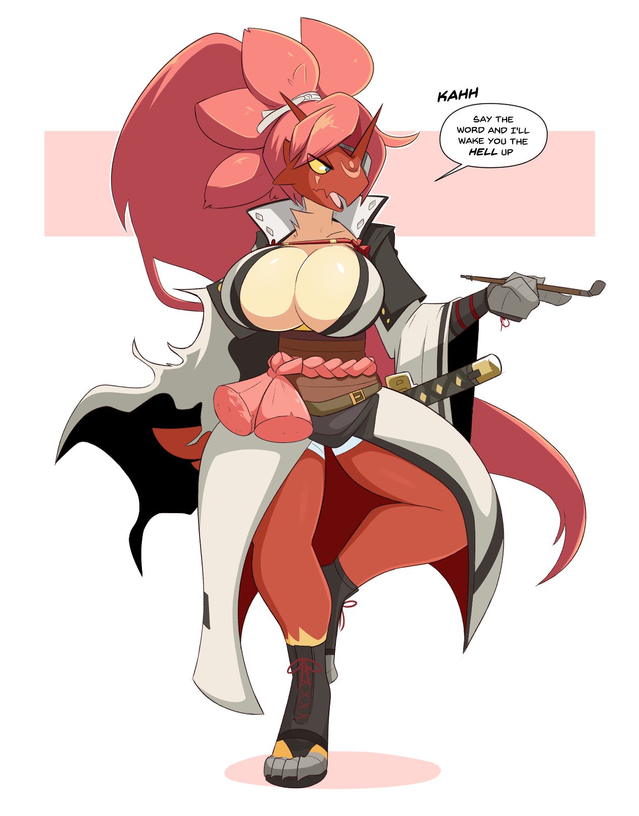 anthro, anthrofied, avian, baiken, big breasts, blaziken, breasts, cleavage, clothing, dialogue, english text, female, furry, guilty gear, kilinah, nintendo, pokemon, pokemon (species), solo, text