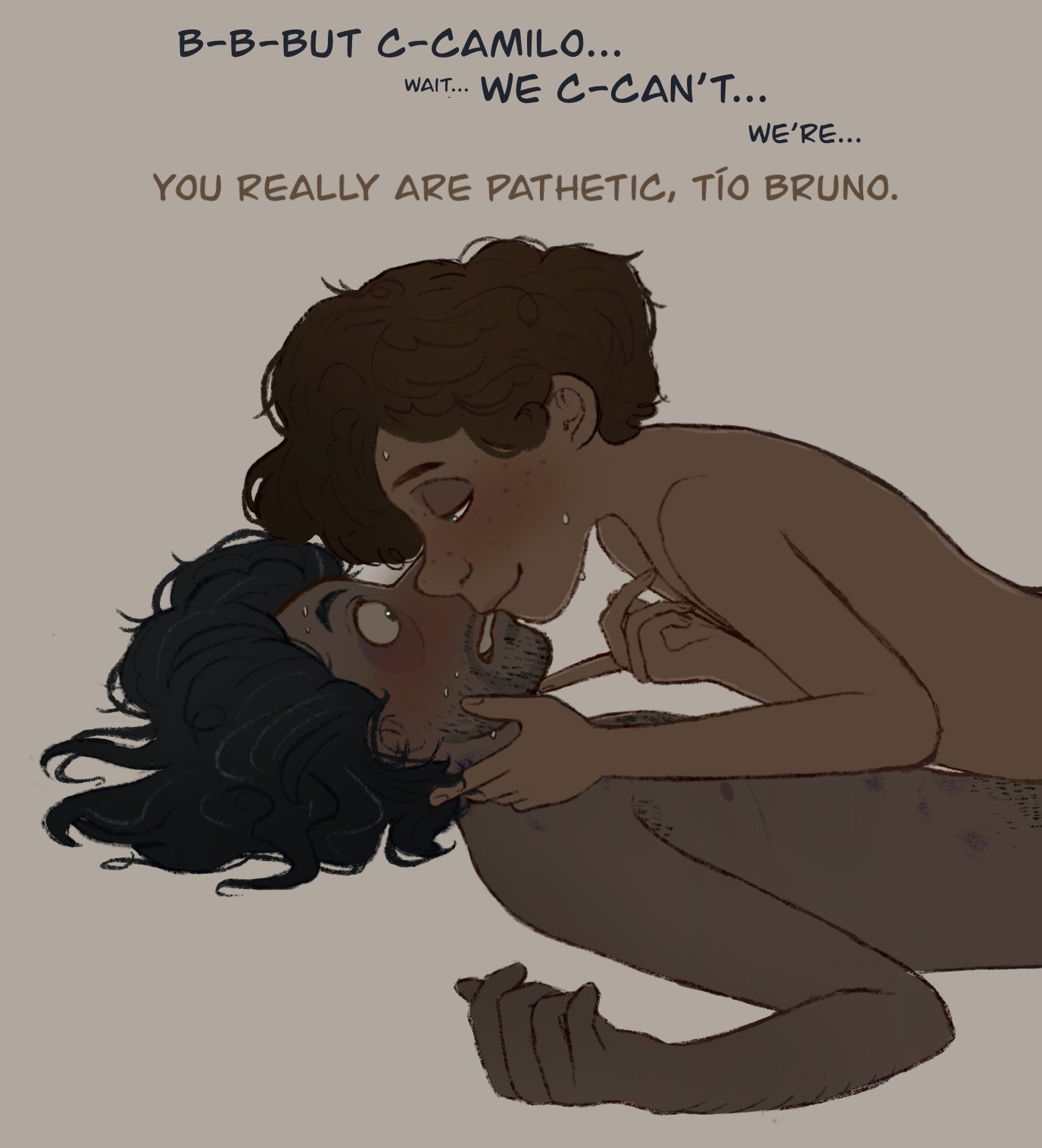 2boys, brown body, bruno madrigal, camilo madrigal, dark skin, dark-skinned femboy, dark-skinned male, disney, encanto, femboy, gay, gay kissing, incest, kissing, latino, male, male only, melanin, men kissing, naked, teenage male, uncle and nephew, yaoi