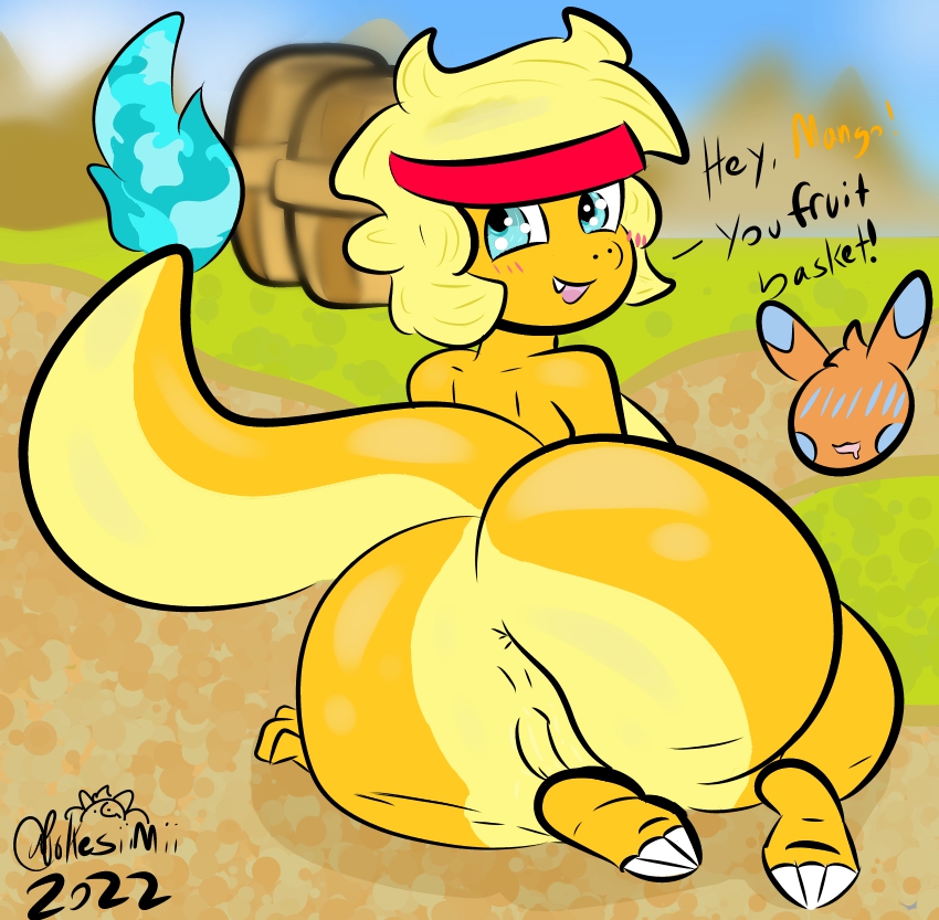 anthro anus ass barrel blonde_hair blush blush_lines bodily_fluids breasts charmander claws cloud dialogue drooling duo fan_character female fire flaming_tail genitals glistening glistening_body glistening_eyes grass hair male male/female mango_(pokesiimii) me2022 nintendo orange_body pikachu plant pokémon_(species) pokémon_mystery_dungeon pokemon pokesiimii presenting presenting_hindquarters pussy raised_tail saliva shiny_charmander shiny_pokemon sitting smile sunny_(pokesiimii) thick_thighs video_games yellow_body