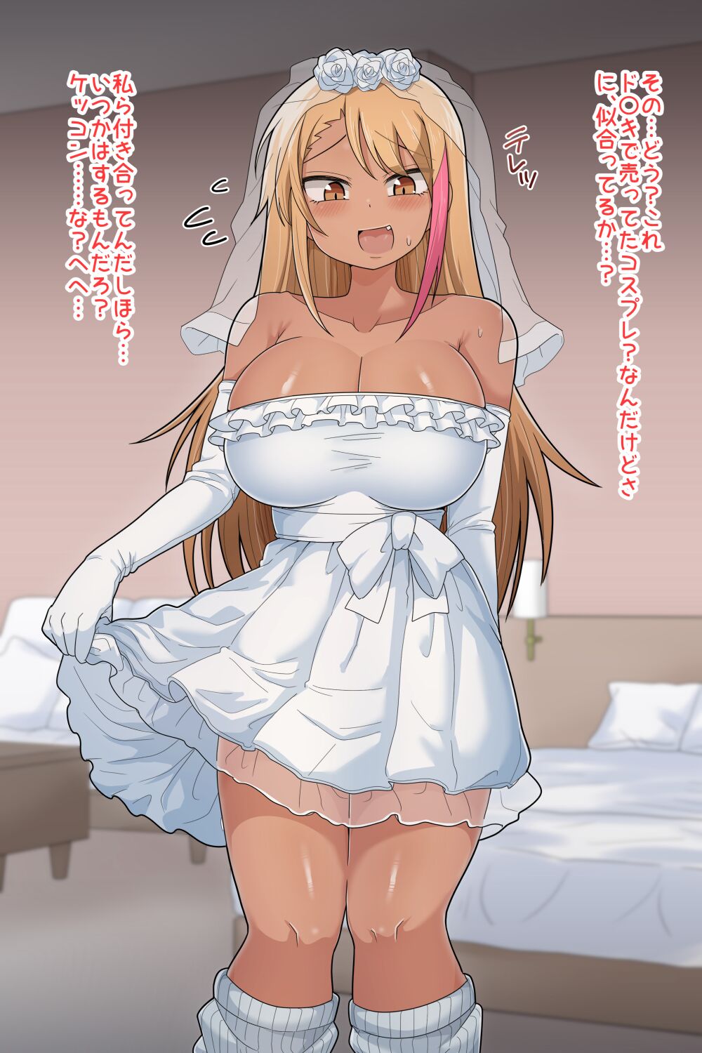 1girls, blonde hair, clothed, clothing, dakkoku jiro, dark skin, dark-skinned female, dialogue, elbow gloves, female, female only, fully clothed, gloves, gyaru, human, japanese text, kneehighs, loose socks, socks, solo, standing, text, tooth, translated, wedding dress, white socks