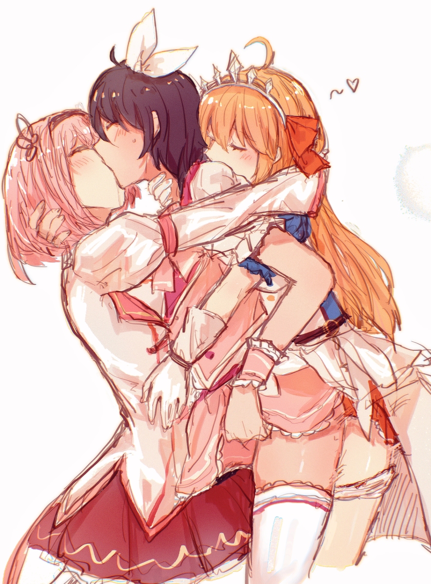 1boy, 2futas, black hair, closed eyes, clothed, clothing, crossdressing, cute, dickgirl, dress, eustiana von astraea, femboy, futa on male, futanari, grabbing head, hugging, hugging from behind, human, implied futa, implied sex, intersex, kissing, light skin, light-skinned futa, light-skinned male, male, mostly clothed, neck grab, orange hair, pale skin, pecorine, pink hair, princess connect!, princess connect! re:dive, sex, threesome, uyakayuuko, wholesome, yui (princess connect!), yuuki (princess connect!)