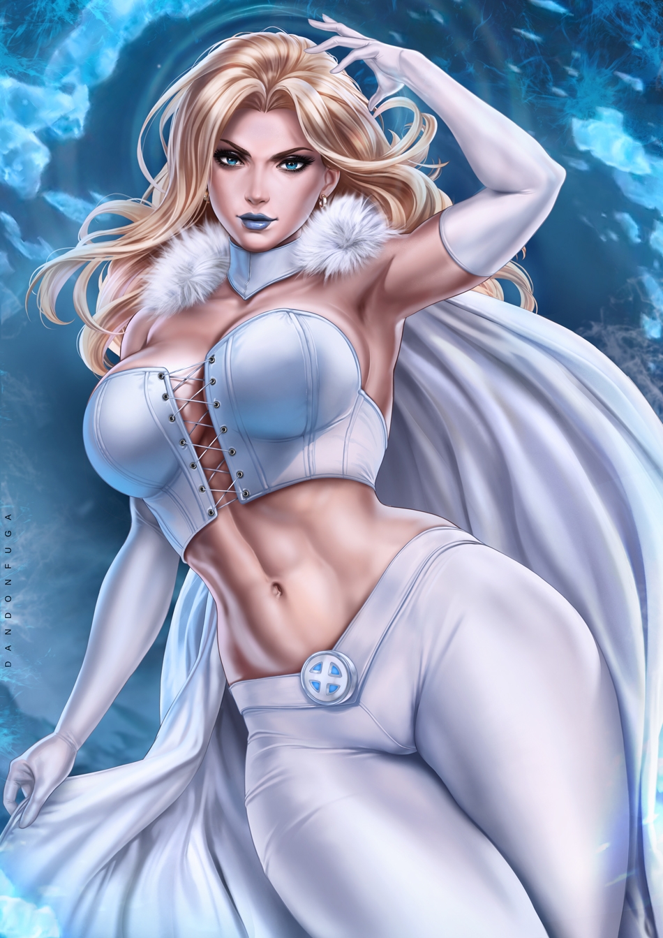 1girls, abs, armpits, big breasts, blonde female, blonde hair, blue eyes, blue lipstick, breasts, bustier, cameltoe, child bearing hips, corset, dandon fuga, emma frost, exposed torso, female, female focus, female only, fit, fit female, gloves, large breasts, looking at viewer, marvel, marvel comics, pussy, slim, slim waist, solo, solo female, tagme, thick thighs, thighs, toned, toned female, wide hips, x-men