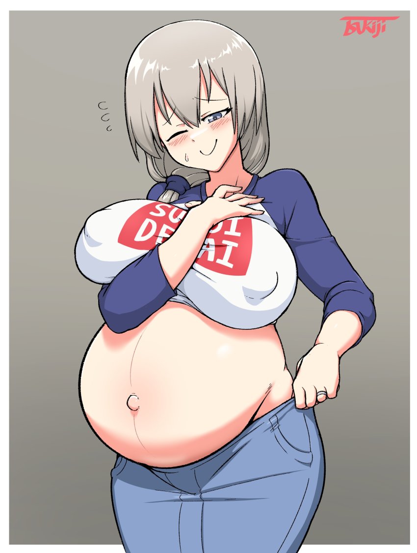 1girls big_belly blush cosplay female female_focus female_only grey_hair milf nipple_bulge one_eye_closed pregnant smile solo solo_female sugoi_dekai tsukiji uzaki-chan_wa_asobitai! uzaki_hana_(cosplay) uzaki_tsuki wedding_ring