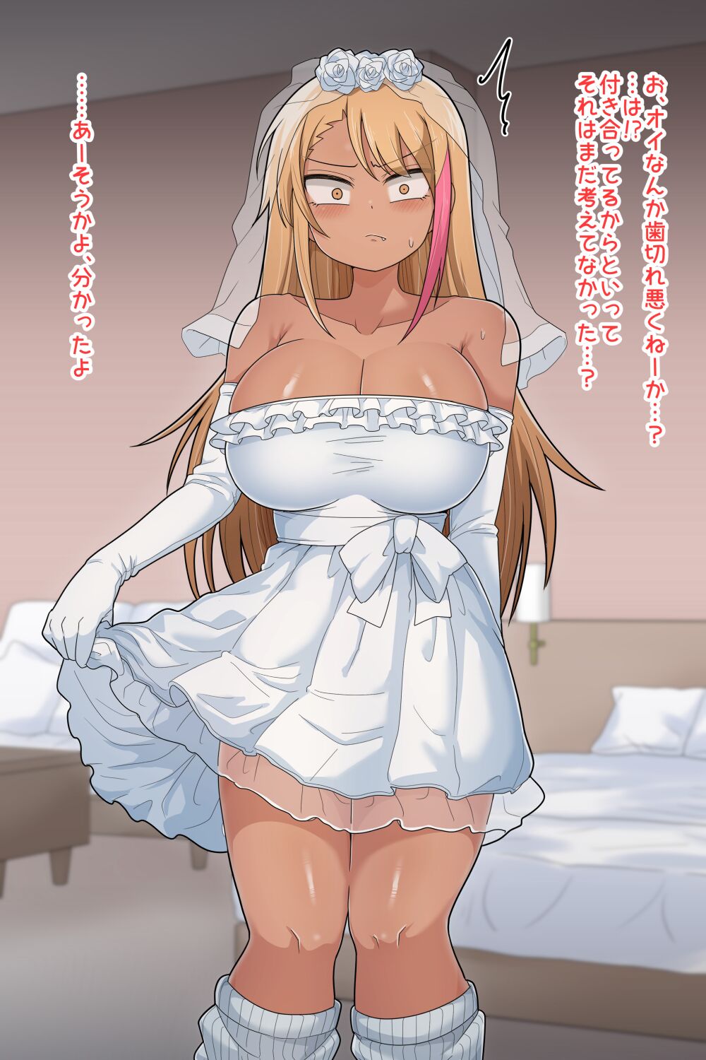 1girls, angry, blonde hair, clothed, clothing, dakkoku jiro, dark skin, dark-skinned female, dialogue, elbow gloves, female, female only, fully clothed, gloves, gyaru, human, japanese text, kneehighs, loose socks, socks, solo, standing, text, translated, wedding dress, white socks