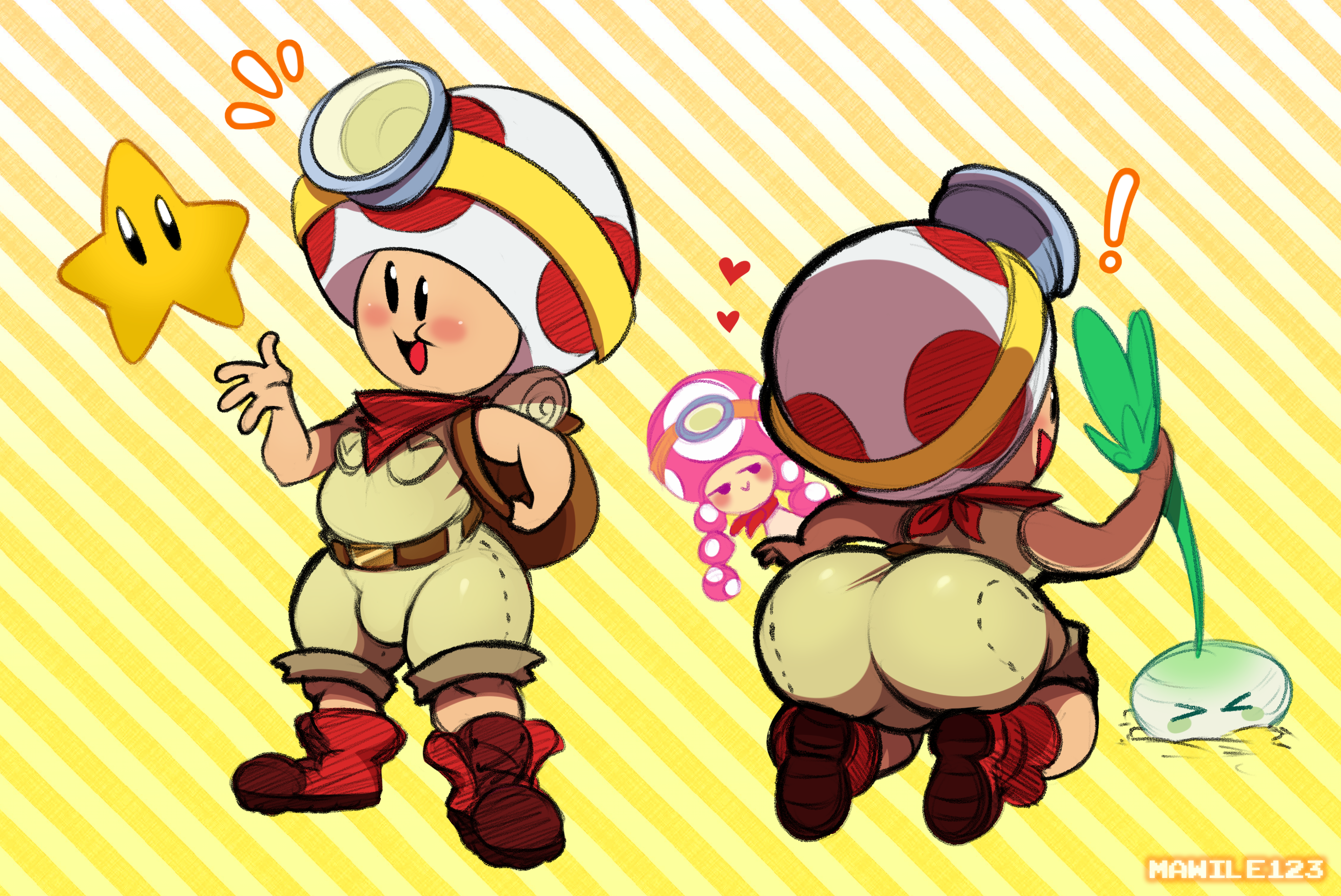 1boy, ass, bulge, captain toad, captain toad treasure tracker, female, male, male focus, male only, mario (series), mawile123, nintendo, shortstack, solo male, tight clothing, toad (mario), toadette