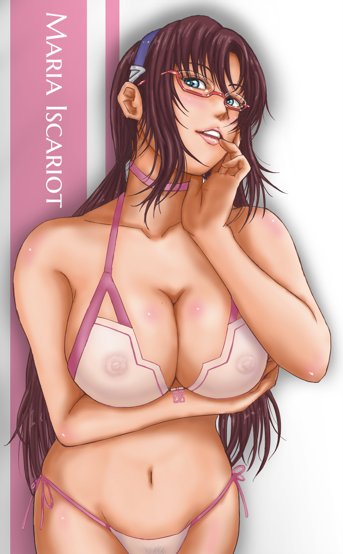 1girls, bikini, blue eyes, blush, breasts, brown hair, character name, choker, female, glasses, human, large breasts, light skin, light-skinned female, long hair, mari illustrious makinami, neon genesis evangelion, parted lips, pubic hair, rebuild of evangelion, see-through, see-through swimsuit, solo, swimsuit, take (take-out!), very long hair