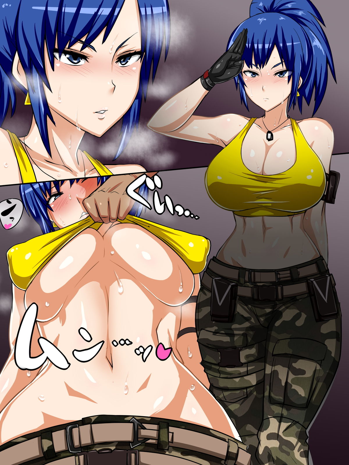 1boy 1girls belt big_breasts blue_hair blush boots breasts camouflage_pants crop_top crop_top_lift dog_tags earrings faceless_male female female_focus gloves hips hourglass_figure huge_breasts ikari_warriors king_of_fighters large_breasts leona_heidern long_hair nipple_tweak nipples nude nude_male okyou partially_clothed ponytail salute snk straight sweat thong underboob voluptuous wide_hips yellow_crop_top