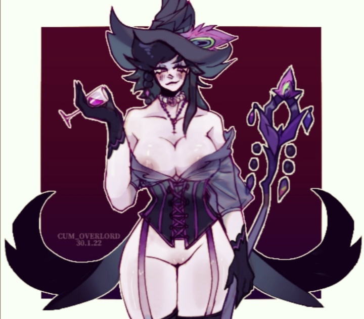 1girls, 2022, areolae, big breasts, black hair, blush, breasts, cookie run, cookie run ovenbreak, corset, crowberry cookie, cum overlord (artist), female, female only, garter straps, gloves, humanized, necklace, nipples, no underwear, pussy, see-through, see-through clothing, simple background, smile, smug, solo, staff, standing, thigh highs, white body, witch hat