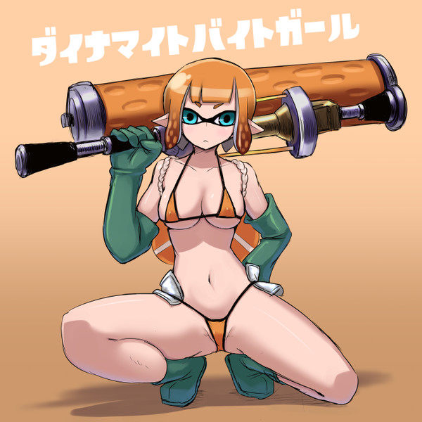 1girls bikini blue_eyes boots g-string gloves inkling inkling_girl japanese_text katakana latex_gloves lifebuoy light-skinned_female light_skin nintendo orange_hair pinup short_hair solo_female splatoon splatoon_2 swimsuit swimwear tentacle_hair thong translation_request